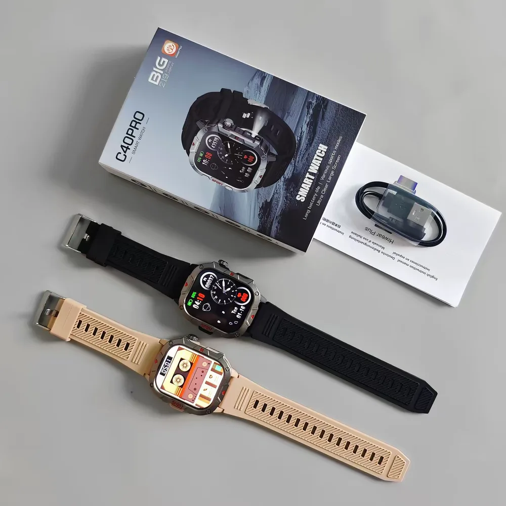 Smart Watch Pro box contents laid out: watch, strap, charging cable and manual