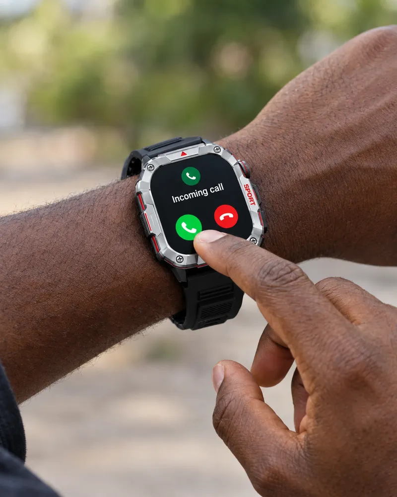 A man checking an incoming call on the Smart Watch Pro